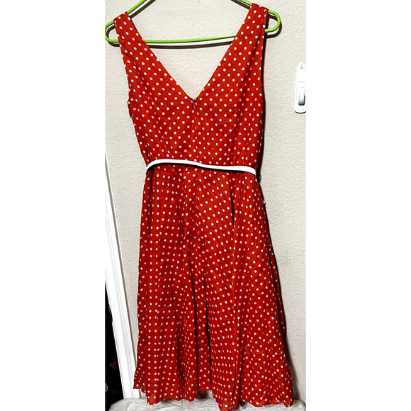 Nine West Orange Polka Dot Dress Belted Pin-up Rockabilly Retro Full Skirt Sz 4 - Picture 6 of 7
